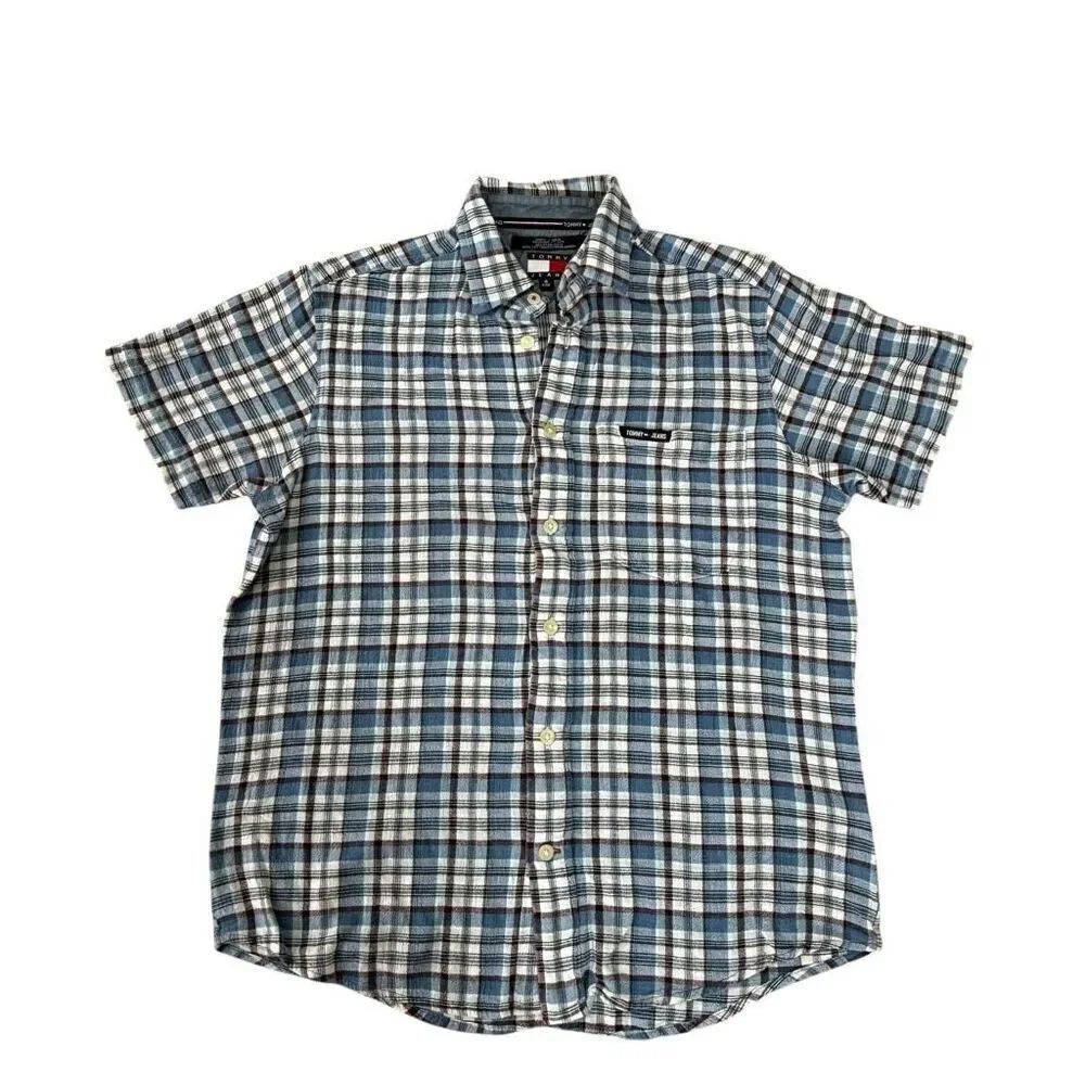Tommy Jeans vintage Mens Blue Short Sleeve Plaid Button Up 100% Cotton size S
